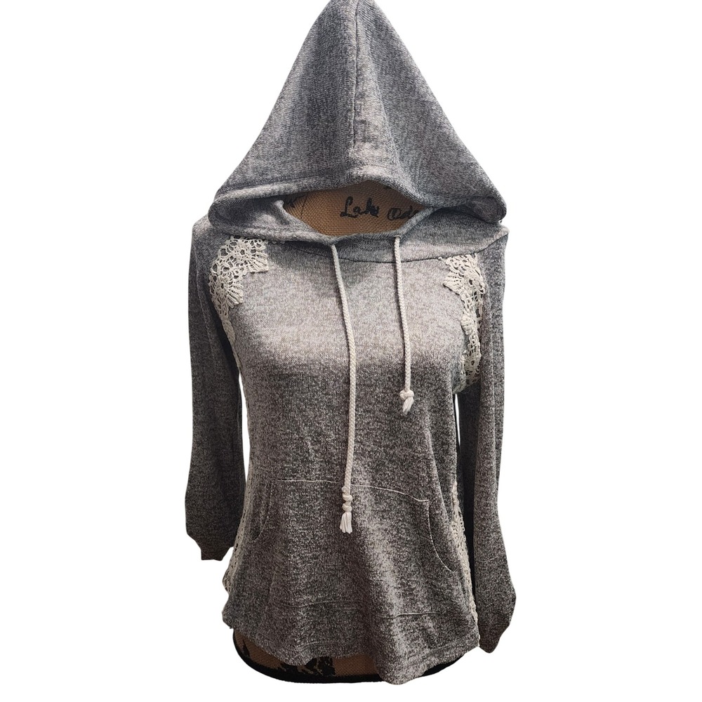 Wish & Whim Women's Heather Gray Lace Trimmed Hoodie Sweatshirt Size‎ Medium